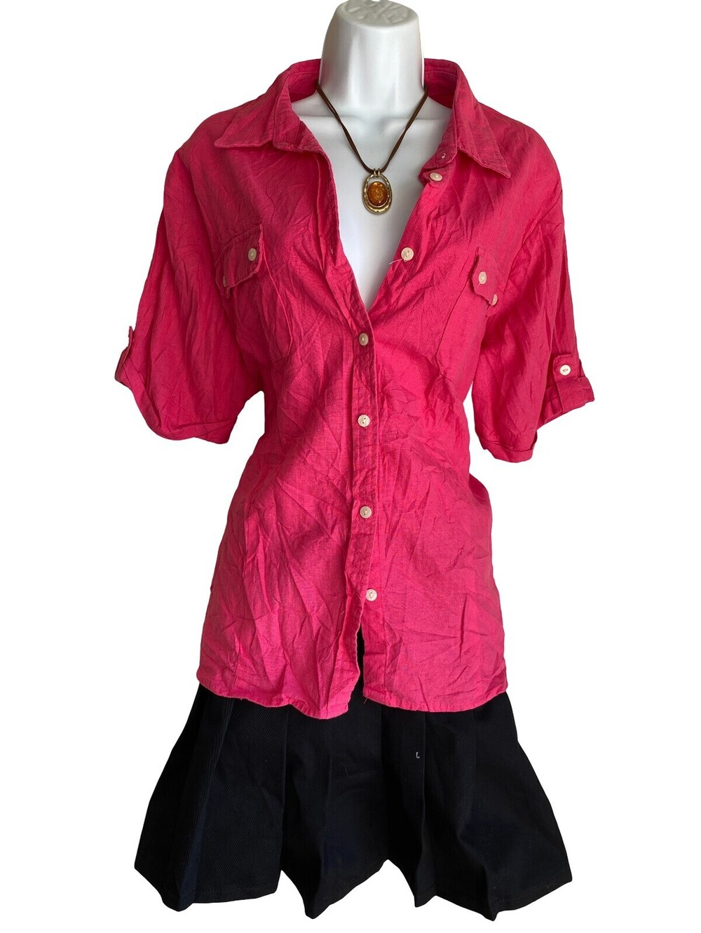 Linen White Stag Plus 20 Bubble Gum Pink Button Up Tunic Blouse Officecore